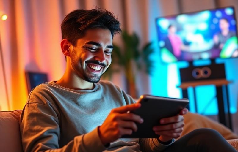 Happy player with tablet and entertainment icons