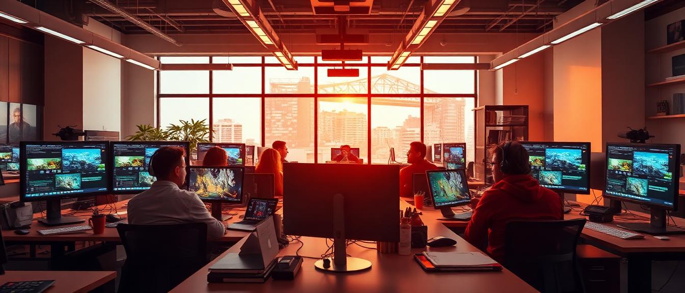 Wide view of Goldexia workspace with team and screens showing game interfaces