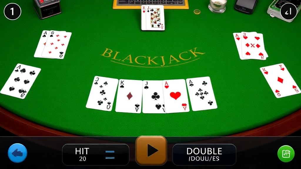 Classic Blackjack gameplay showing cards dealt on green felt with action buttons below