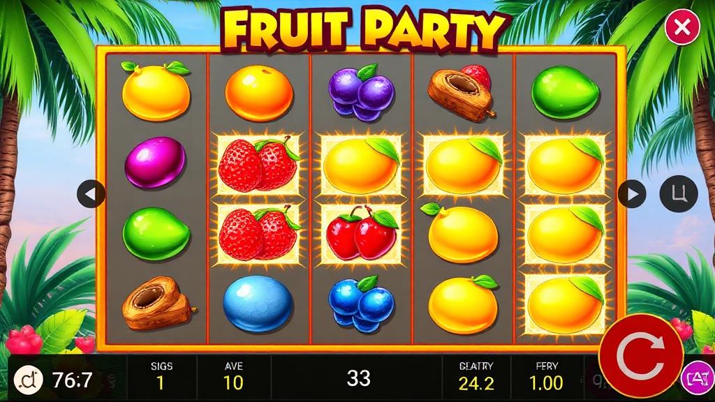 Fruit Party 7x7 grid with colourful fruit clusters, tumble animation and random multiplier symbols