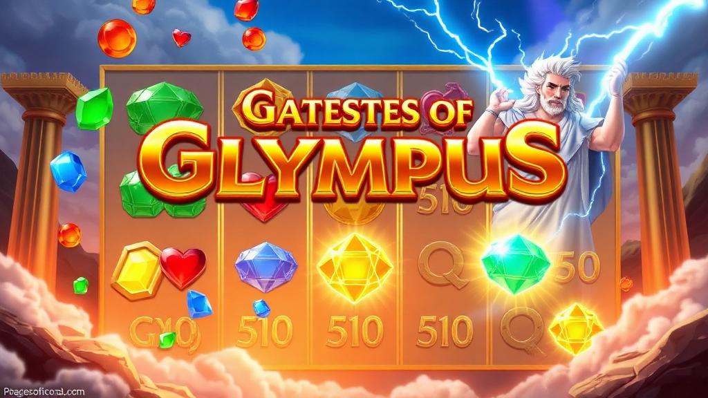 Gates of Olympus 6x5 grid with jewel symbols and Zeus character raining multiplier orbs from above