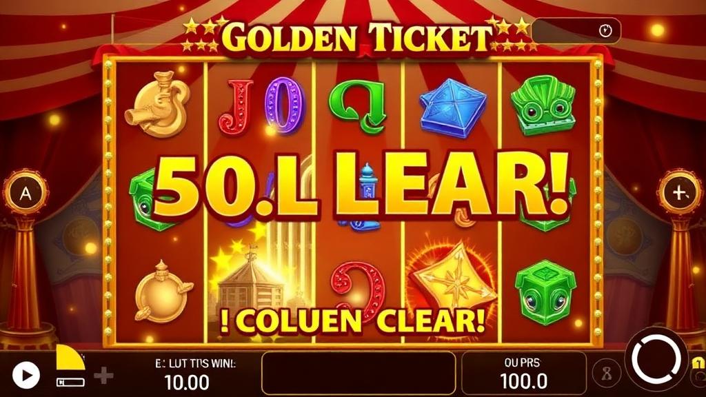 Golden Ticket 5x5 grid gameplay with circus-themed symbols cascading and column clear animation