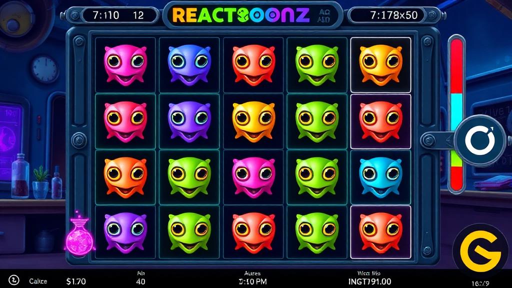 Reactoonz 7x7 grid filled with quirky alien creatures and quantum charge meter on the side