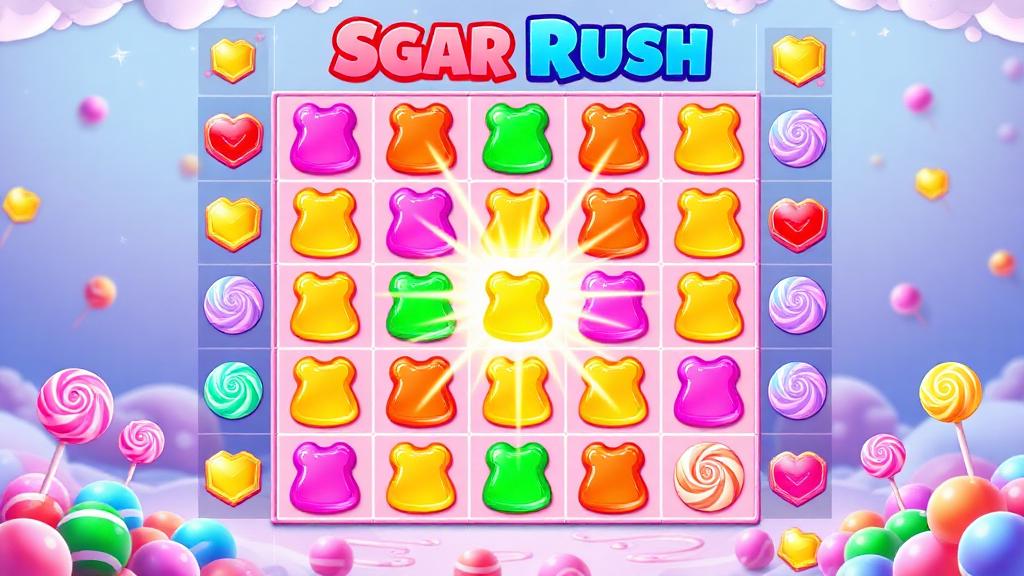 Sugar Rush 7x7 grid with candy cluster wins, multiplier spots glowing on grid positions and pastel candy world