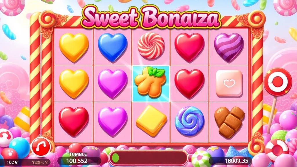 Sweet Bonanza 6x5 grid showing candy and fruit symbols with tumble animation and candy backdrop