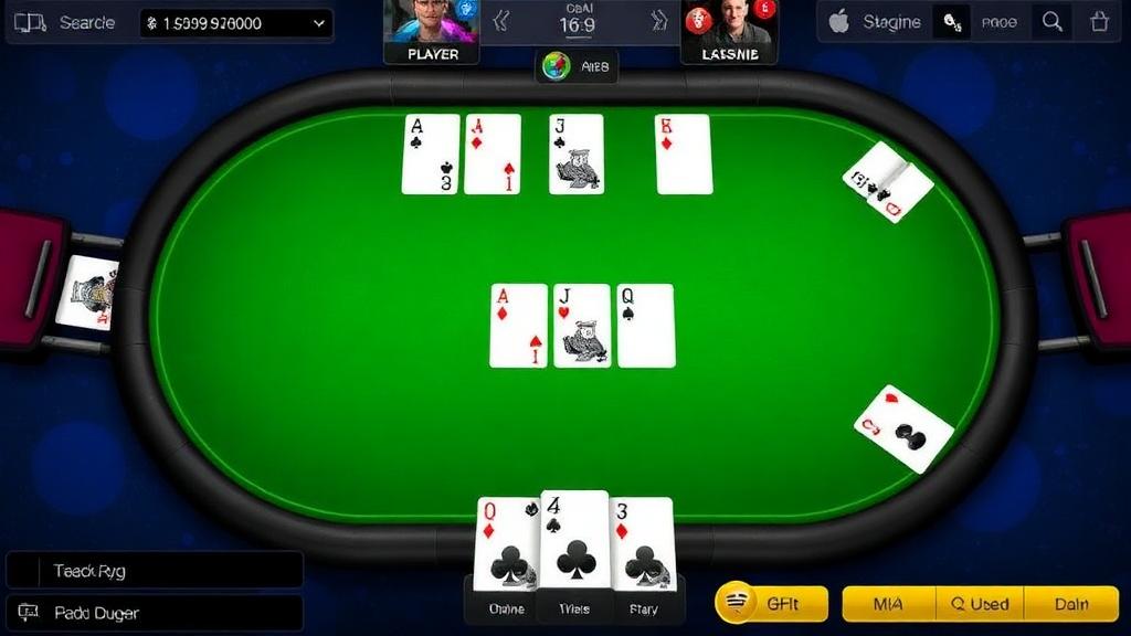 Texas Hold'em gameplay showing community cards, player cards and betting interface