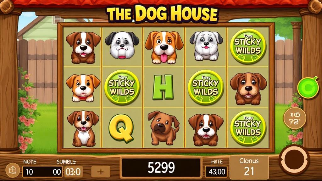 The Dog House gameplay showing sticky wilds on reels with cartoon dog characters and backyard backdrop