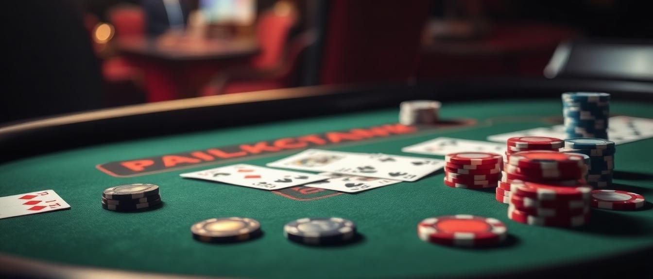 Illustrated blackjack table from above showing card values, action buttons and a helpful strategy chart overlay