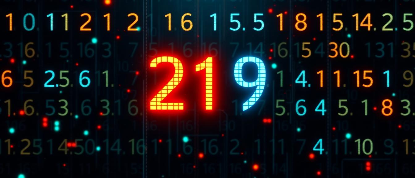 Abstract visualisation of random numbers streaming from a glowing processor chip with dice and playing cards floating around it