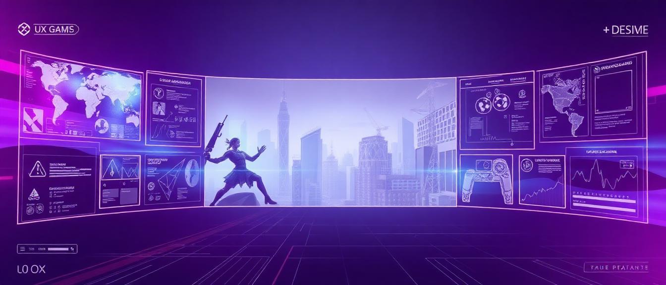 Clean UX wireframe sketches on a desk surrounded by design tools, colour swatches, and a tablet showing a polished gaming interface