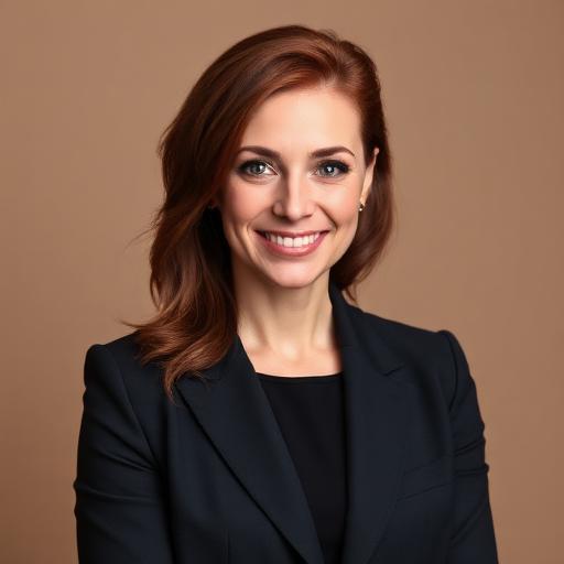 Professional portrait of Eleanor Whitfield, a woman in her 30s with auburn hair, wearing a dark blazer, smiling warmly against a neutral studio backdrop