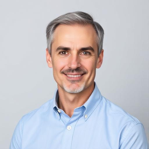 Professional portrait of James Holloway, a man in his 40s with grey-streaked brown hair, wearing a light blue shirt, with a thoughtful expression against a warm-toned background