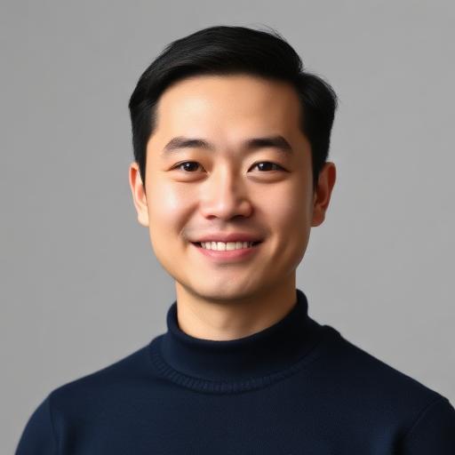 Professional portrait of Marcus Chen, an Asian man in his late 20s with short black hair, wearing a navy sweater, looking confident against a dark studio background